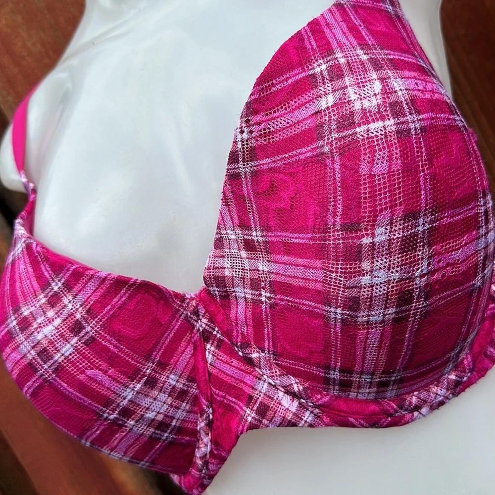 No Boundaries Pink Plaid Women's Bra - Picture 3 of 6